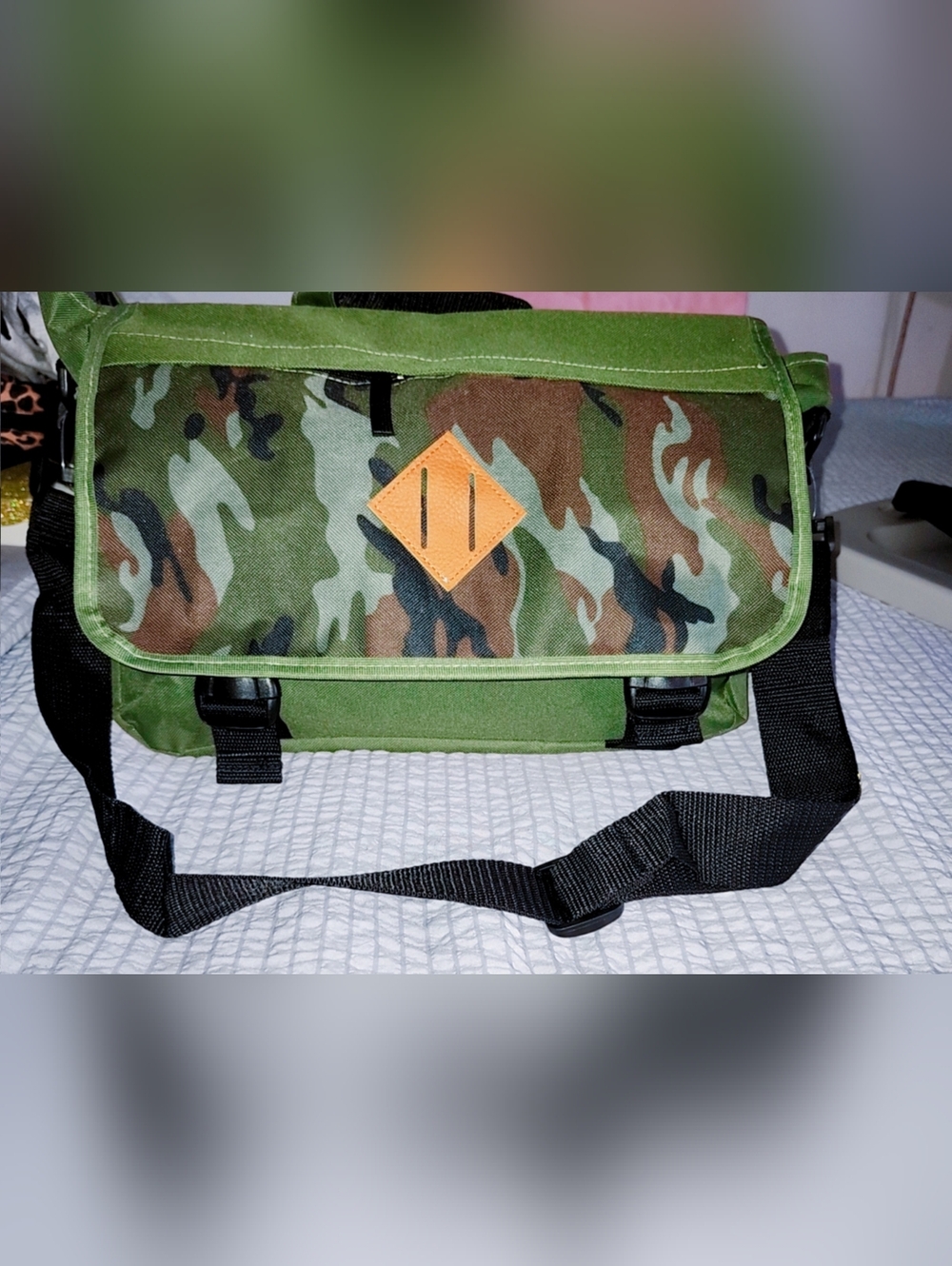 Canvas Camo Messenger Bag with Green Trim